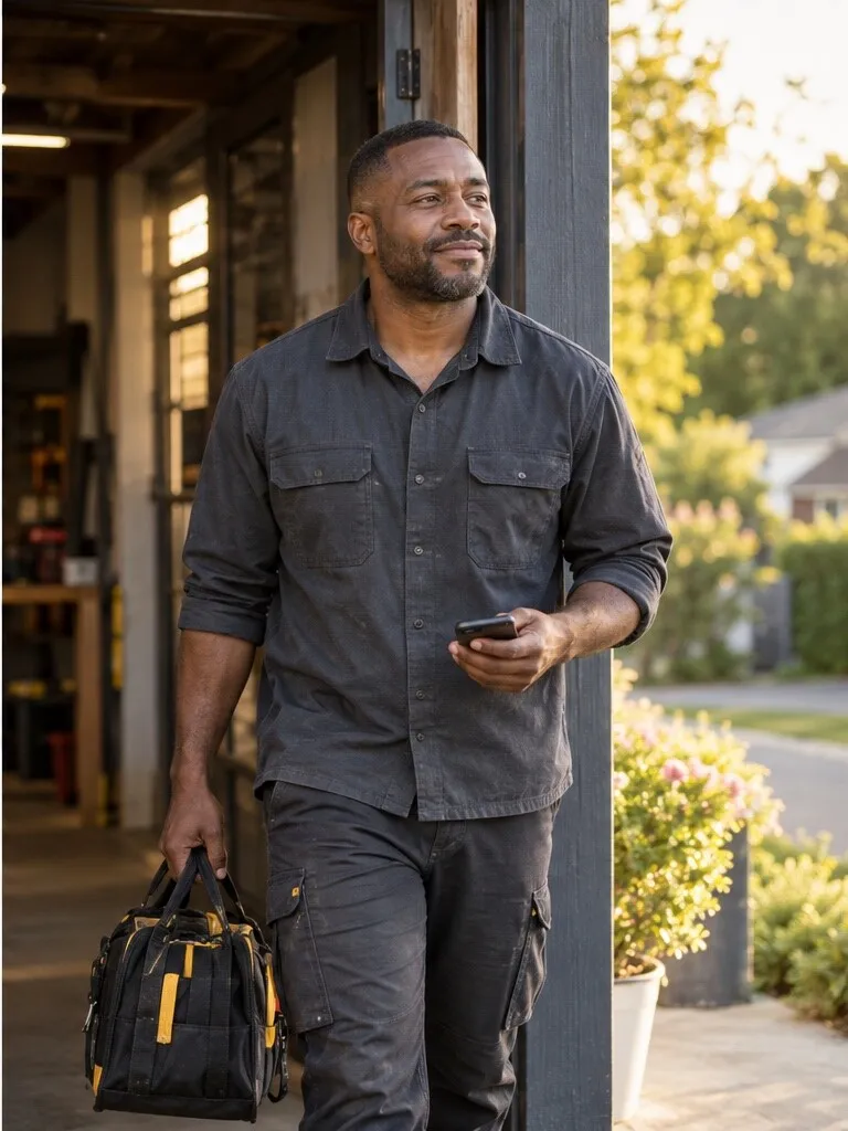 Illustrative photo of an electrical contractor walking out of his workshop with a tool bag, phone in hand.
