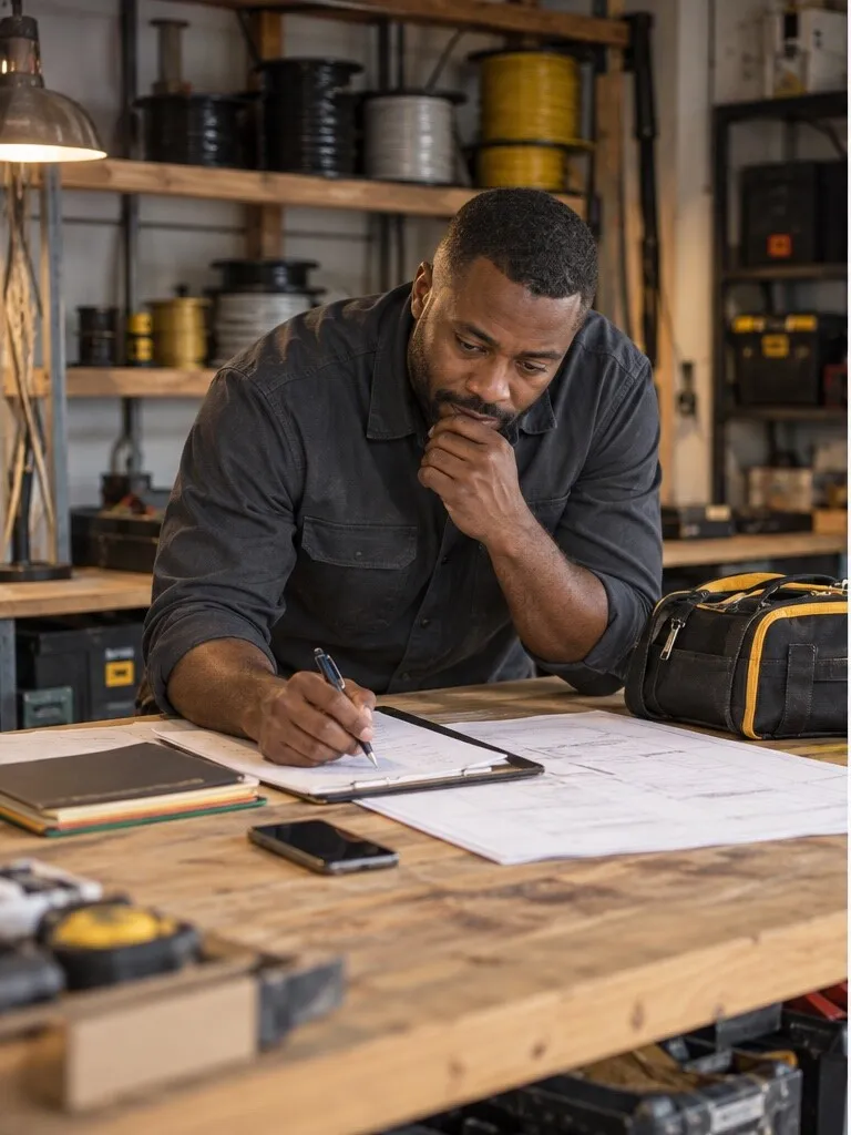 Illustrative photo of an electrical contractor reading plans at a workbench in his shop.
